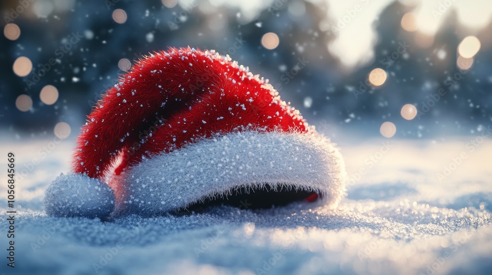 Red Santa Hat Covered in Snow on a Snowy Surface Red Santa Hat Covered in Snow on a Snowy Surface