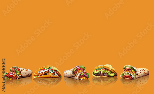 Dibujo de burritos y tacos mexicanos. Ideal para mantel o tapete de restaurante mejicano.
 photo