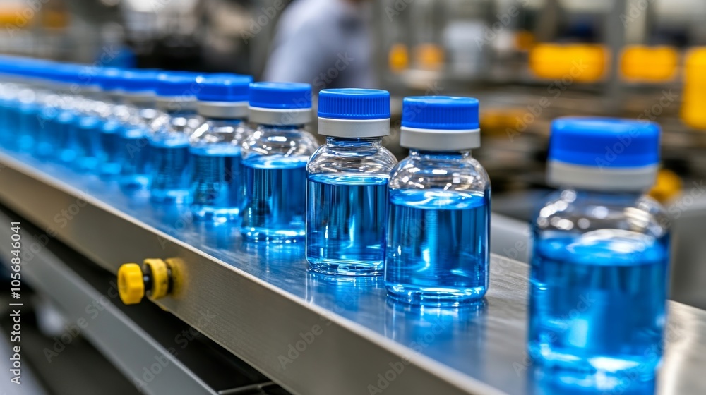 Blue Liquid Bottles on Conveyor Belt in Factory Production Line Blue Liquid Bottles on Conveyor Belt in Factory Production Line