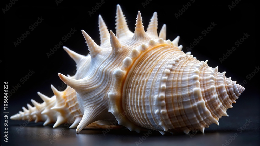 Close-up of marine white shell with spike on black background Close-up of marine white shell with spike on black background