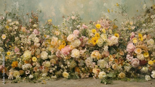 Vibrant blossoms add beauty to an empty wall, a captivating floral mural painting for home and interior design.