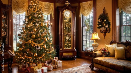 Elegant Christmas Tree Decorated with Gold Lights