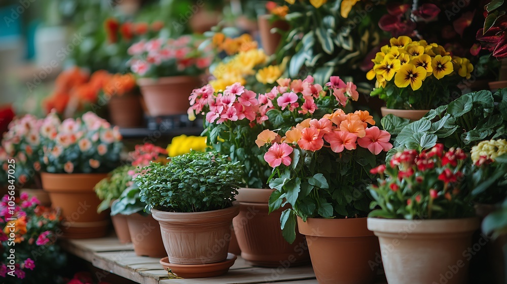 Vivid Collection of Potted Flowers Showcasing Summer Blooms at Garden Center Display : Generative AI Vivid Collection of Potted Flowers Showcasing Summer Blooms at Garden Center Display : Generative AI