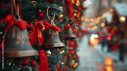 This Red-ribboned Christmas bells shine amidst twinkling lights in a festive urban scene.