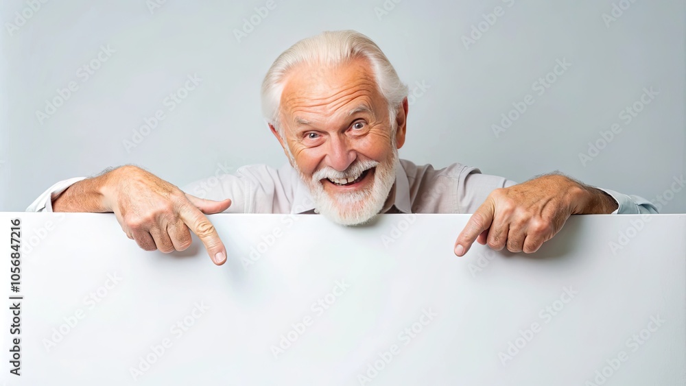 Retirement elderly man pointing at a blank sign advertisement on a light background for announcement campaign Retirement elderly man pointing at a blank sign advertisement on a light background for announcement campaign