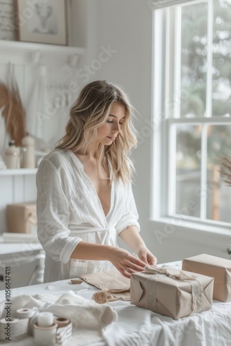 Gift time: woman wrapping presents in a bright room. photo