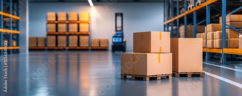 Warehouse with precise rows of packages ready for distribution, automated systems, clean and structured, spacious industrial environment