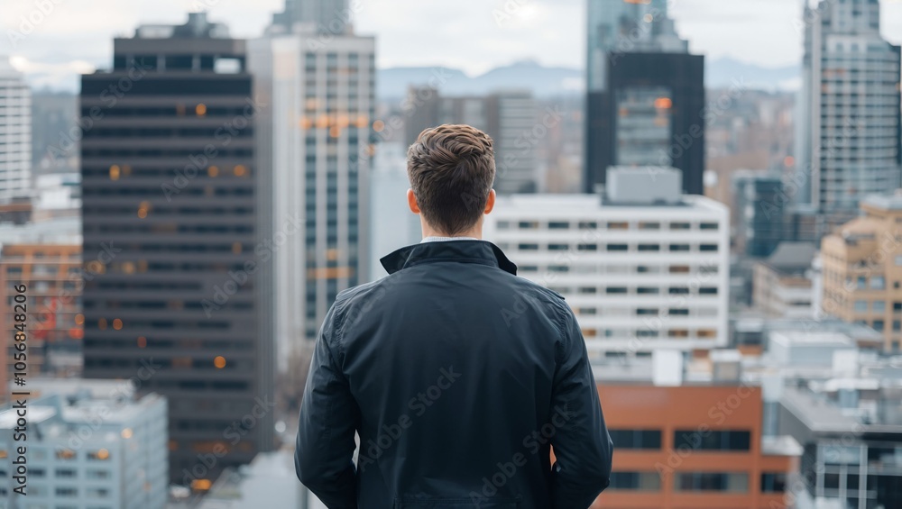 A lone figure stands against the vast city skyline, contemplating life amidst towering buildings that reflect both progress and the beauty of modern architecture. A lone figure stands against the vast city skyline, contemplating life amidst towering buildings that reflect both progress and the beauty of modern architecture.