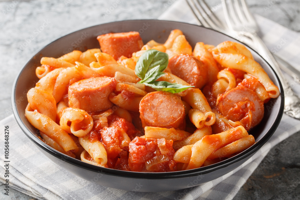 Spiral treccione pasta with smoked sausages in spicy tomato sauce close-up in bowl on table. Horizontal Spiral treccione pasta with smoked sausages in spicy tomato sauce close-up in bowl on table. Horizontal