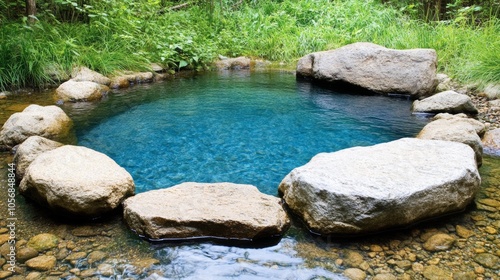 Tranquil Blue Pond Surrounded by Rocks and Lush Greenery