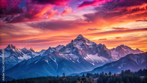 A majestic mountain range bathed in a kaleidoscope of pink and purple hues during sunset, atmospheric, natural, landscape, vibrant