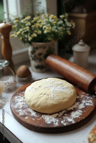 Rustic Bread Dough Ready for Baking with Rolling Pin and Garden Flowers : Generative AI