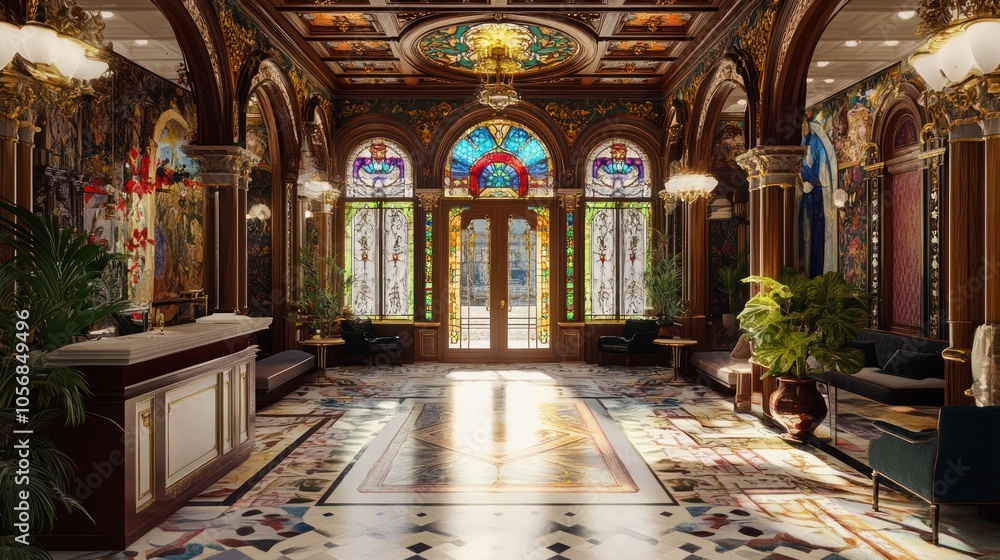 Luxurious Hotel Lobby with Stained Glass Windows Luxurious Hotel Lobby with Stained Glass Windows