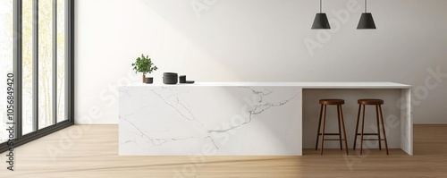Modern kitchen interior featuring a sleek marble countertop, wooden stools, and large windows providing natural light.
