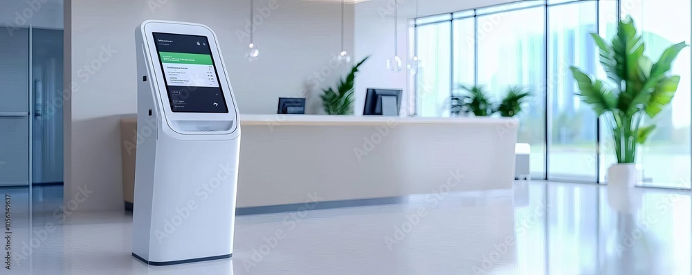 Modern self-service kiosk in a sleek reception area. Ideal for showcasing innovation and convenience in a professional environment.