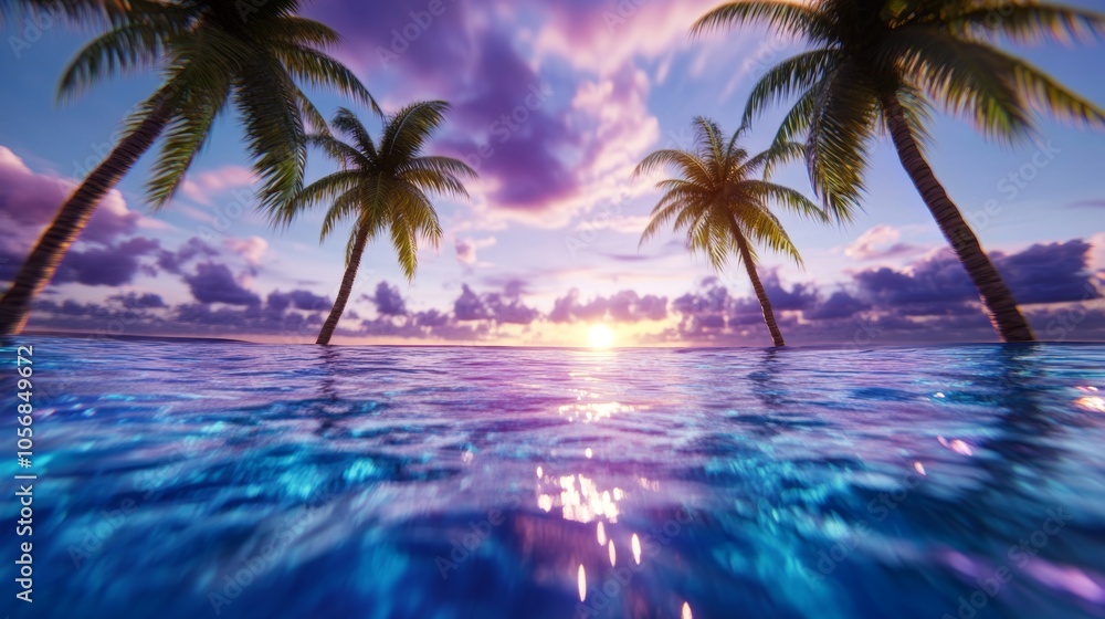 Tropical Sunset with Palm Trees and Calm Ocean Water Tropical Sunset with Palm Trees and Calm Ocean Water