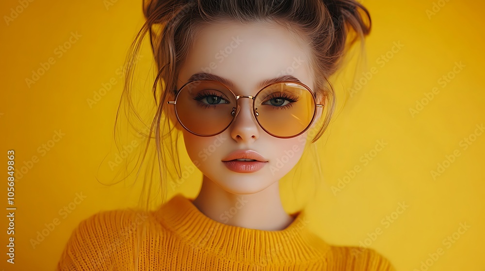 Closeup shot of a fashionable teenage girl with oversized sunglasses, her perfectly manicured nails contrasting beautifully against the bright yellow backdrop Closeup shot of a fashionable teenage girl with oversized sunglasses, her perfectly manicured nails contrasting beautifully against the bright yellow backdrop
