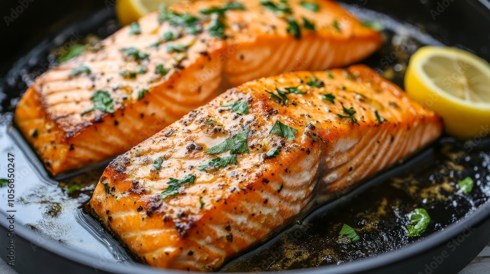 Two Seared Salmon Filets in a Black Pan with Lemon and Parsley Two Seared Salmon Filets in a Black Pan with Lemon and Parsley