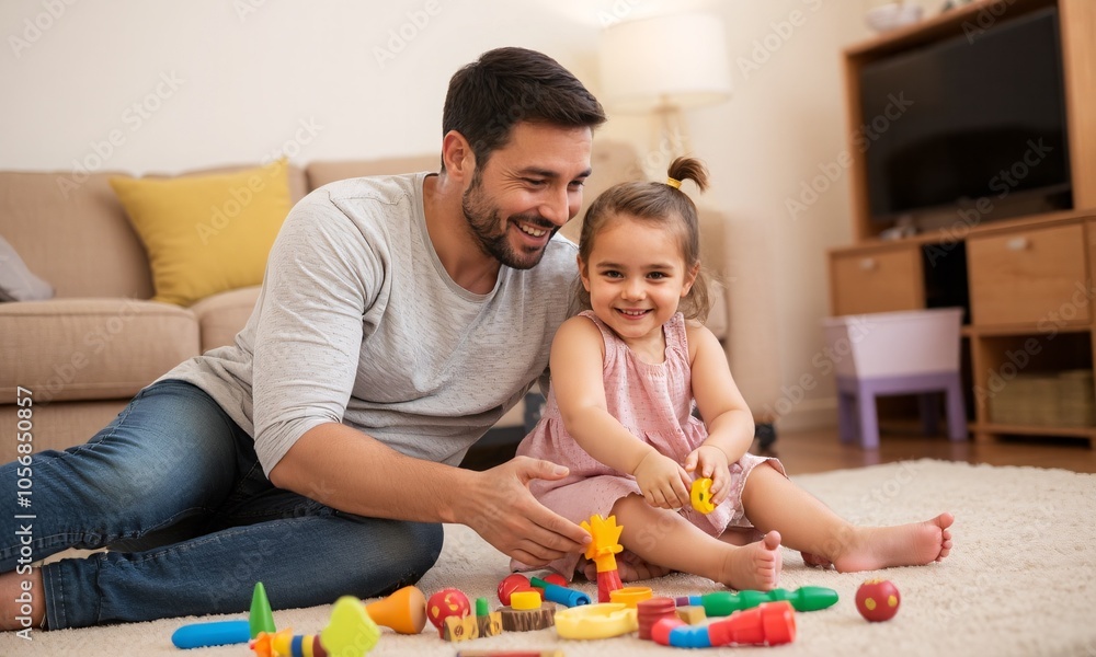 Candid shot of a father playing with his young daughter on the living room floor Candid shot of a father playing with his young daughter on the living room floor