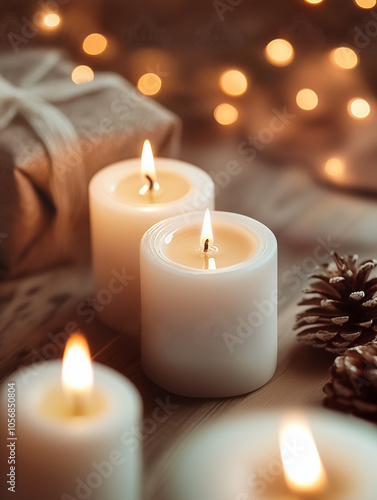 White wax burning candles and pine cones on wooden table. Christmas home decor. New Year's eve. Lights and bokeh. Cozy warm atmosphere.