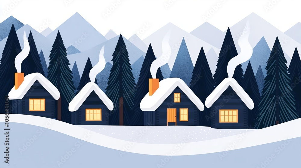 Naklejka premium Snow-covered cabins in a cozy winter forest setting