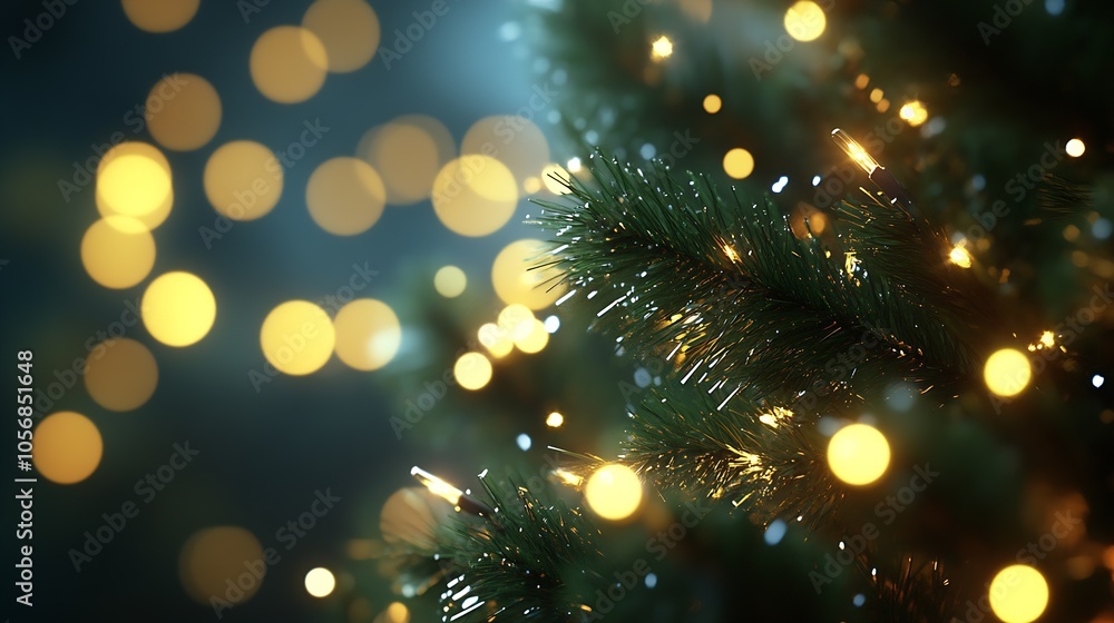 Christmas Pine Tree Branches with Glowing Fairy Lights and Bokeh Background : Generative AI Christmas Pine Tree Branches with Glowing Fairy Lights and Bokeh Background : Generative AI