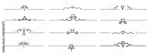 Collection of text dividers with cute hearts. Wedding decorative design elements in linear style. Border ornament to separate text. Hand drawn lines with hearts and swirls. vector illustration  