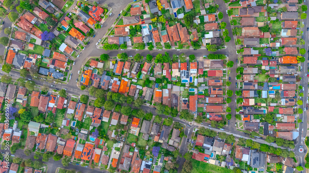Obraz premium defaultPanoramic aerial drone view of Western Sydney Suburbs with Houses roads and parks in Sydney NSW Australia