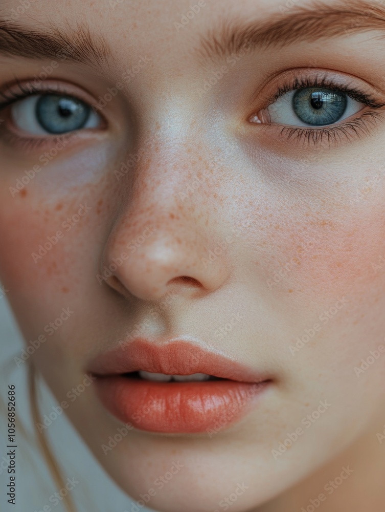 Close-up of a woman's face with blue eyes and freckles Close-up of a woman's face with blue eyes and freckles