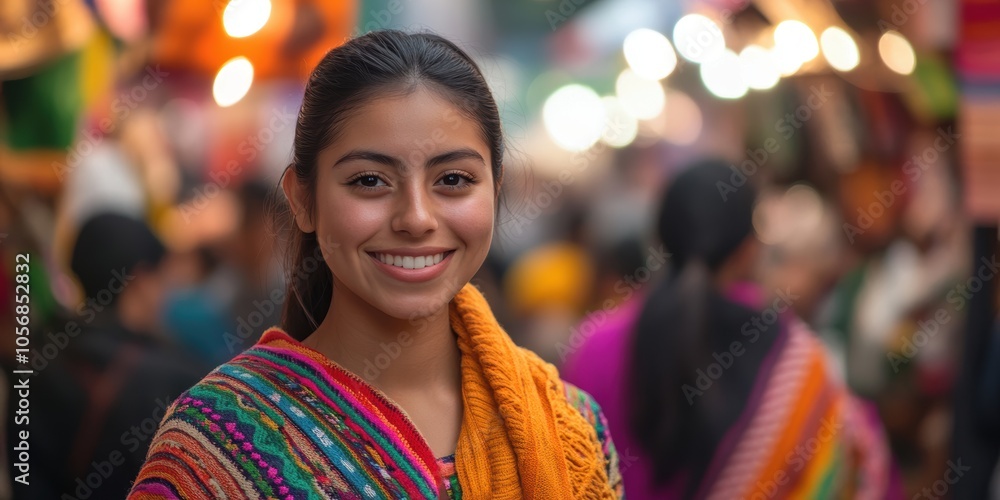 Vibrant Mexican Young Woman Relishing Life in a Bustling Street Market Vibrant Mexican Young Woman Relishing Life in a Bustling Street Market