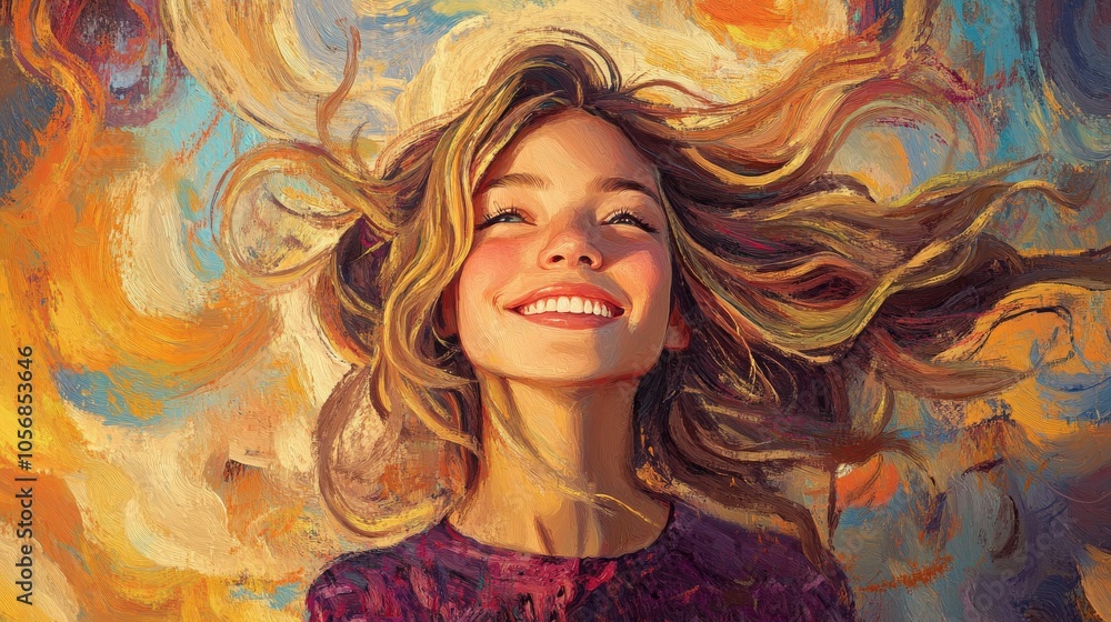 A portrait of a girl with a warm smile, her hair flowing in thick, expressive strokes, set against a richly textured background of swirling skies A portrait of a girl with a warm smile, her hair flowing in thick, expressive strokes, set against a richly textured background of swirling skies