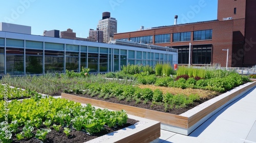 Lush Urban Rooftop Garden with Glass Greenhouse