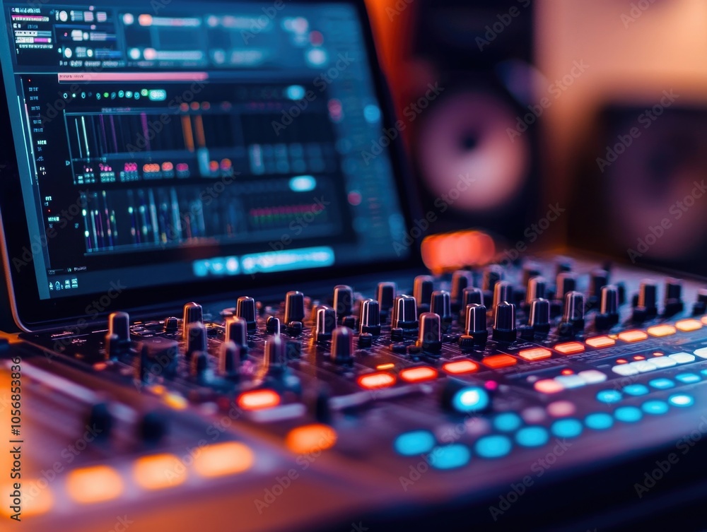 Audio mixing equipment on table Audio mixing equipment on table