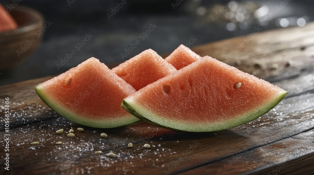 Three Slices of Watermelon on Wooden Surface Three Slices of Watermelon on Wooden Surface