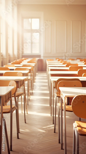 A desk in an empty classroom