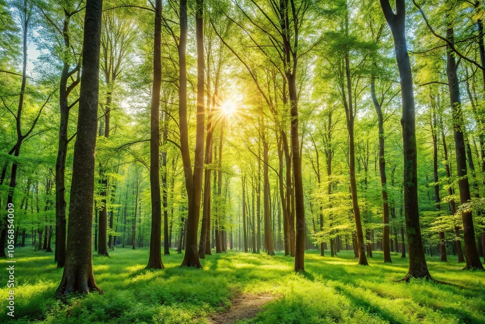 Fototapeta premium A serene and peaceful forest with tall trees swaying gently in the breeze during a warm spring day, foliage, seasonal change, trees, nature, landscape