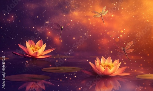 water lilies are falling from the star filled sky and some dragonflies are flying around. Art style: Futuristic Vibrant colors in abtract art style