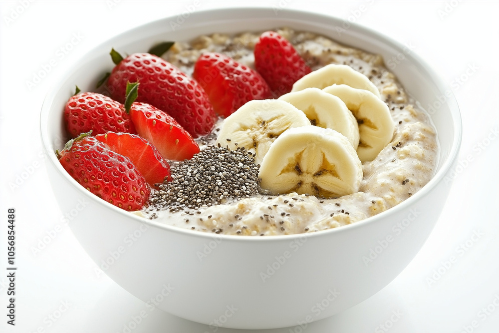 Editorial photo of oatmeal bowl with bananas, strawberries, and chia seeds Editorial photo of oatmeal bowl with bananas, strawberries, and chia seeds