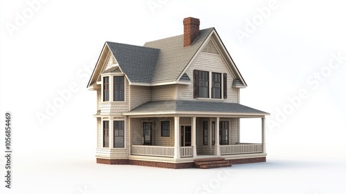 A cozy 3D house design with traditional architectural features, including a front porch and gabled roof.