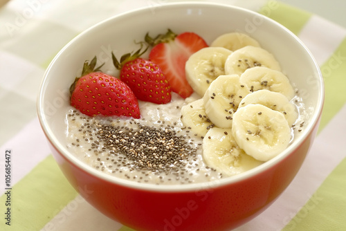 Editorial photo of oatmeal bowl with bananas, strawberries, and chia seeds