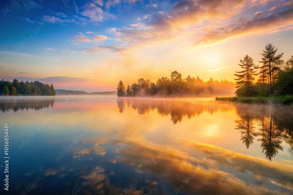 A serene lake at sunrise with misty fog surrounding the water's surface, serene, landscape, fog, morning, water A serene lake at sunrise with misty fog surrounding the water's surface, serene, landscape, fog, morning, water