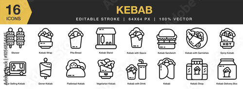 Kebab icon set. Editable Stroke Icon Collection. Includes doner, flatbread, delivery box, shop, stand, sauce, garnishes, skewer, and More. Outline icons vector collection.