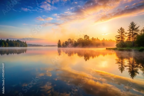 A serene lake at sunrise with misty fog surrounding the water's surface, serene, landscape, fog, morning, water