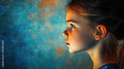 A side profile of a young girl, her face painted in rich hues of blue and orange, with the textured background evoking expressive style