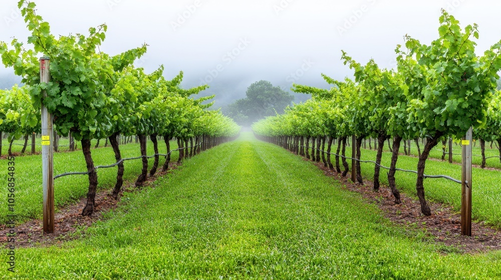 Naklejka premium Misty Vineyard Pathway Surrounded by Lush Green Grapevines