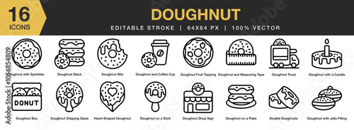 Doughtnut icon set. Editable Stroke Icon Collection. Includes coffee cup, bite, box, dripping glaze, fruit, shop, truck, and More. Outline icons vector collection.