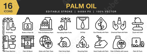 Palm Oil icon set. Editable Stroke Icon Collection. Includes bottle, chemical flask, palm trees, harvesting, globe, oil drip, and More. Outline icons vector collection.