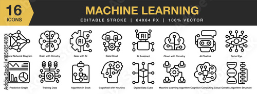 Machine Learning icon set. Editable Stroke Icon Collection. Includes assistant, chatbot, brain, cloud, cognitive, data, cloud, and More. Outline icons vector collection.
