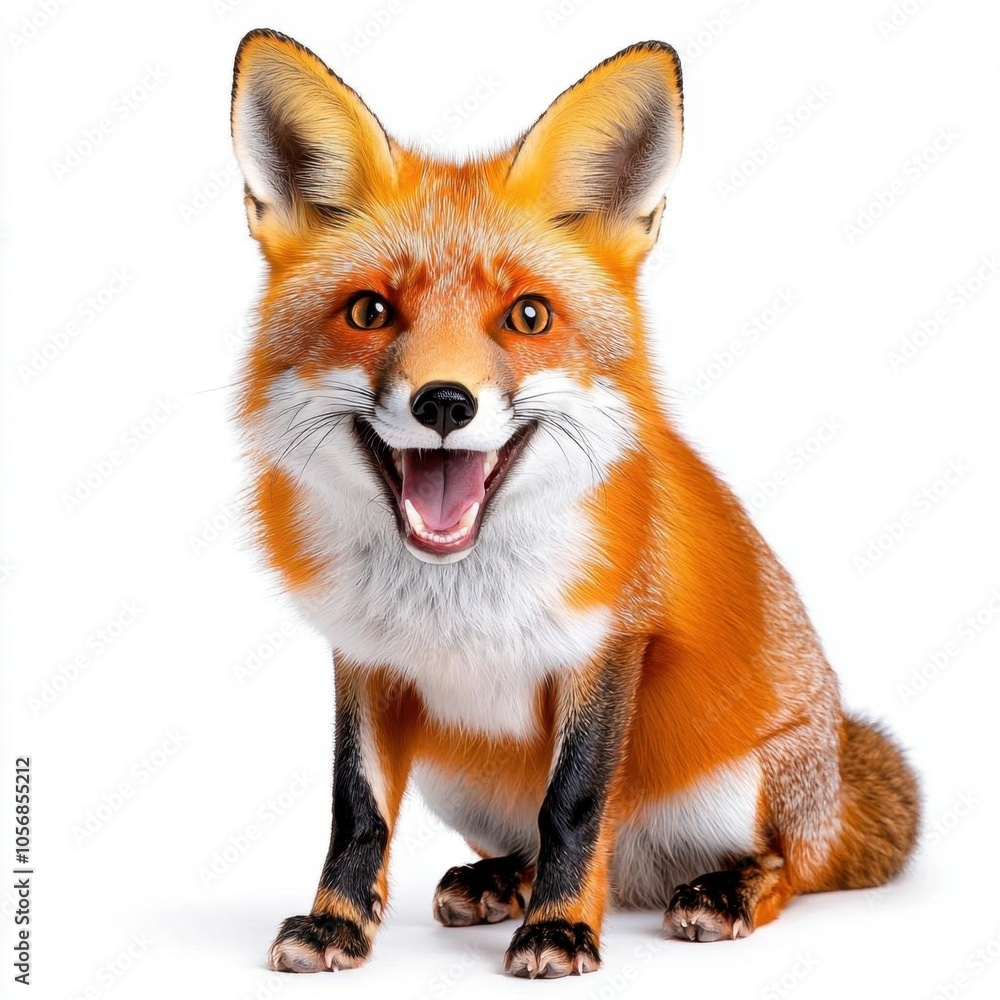 Fototapeta premium A photostock of a fox sitting against a white background, alert and natural.