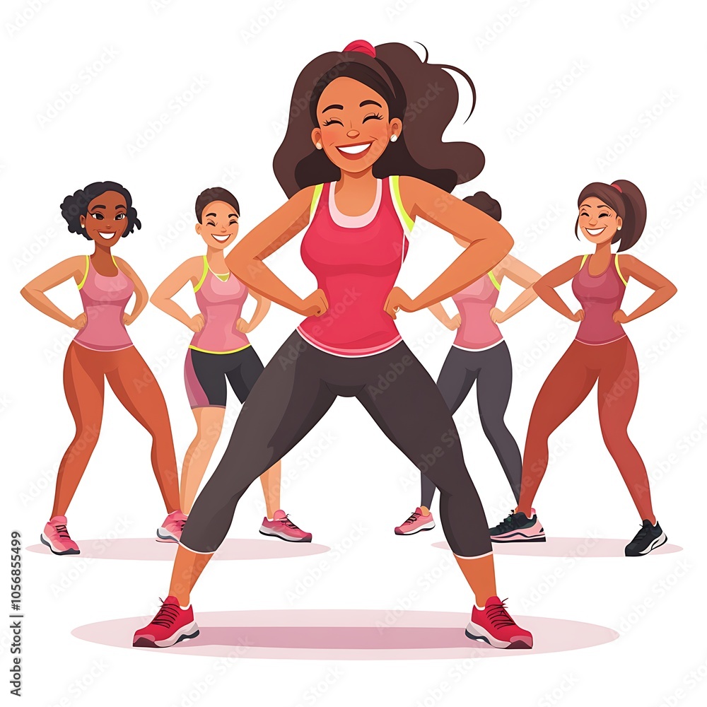 A cartoon fitness instructor leading a group class with a motivating smile on a white background. A cartoon fitness instructor leading a group class with a motivating smile on a white background.